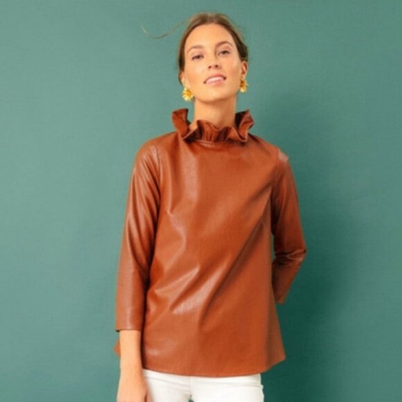 Tuckernuck Cognac Faux Leather Faye Blouse Size Small - Picture 4 of 11